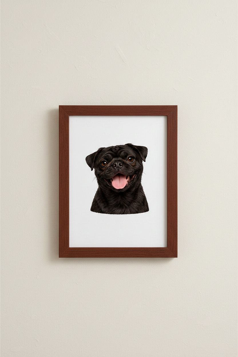 Black Pug A4 Print in dark wooden frame