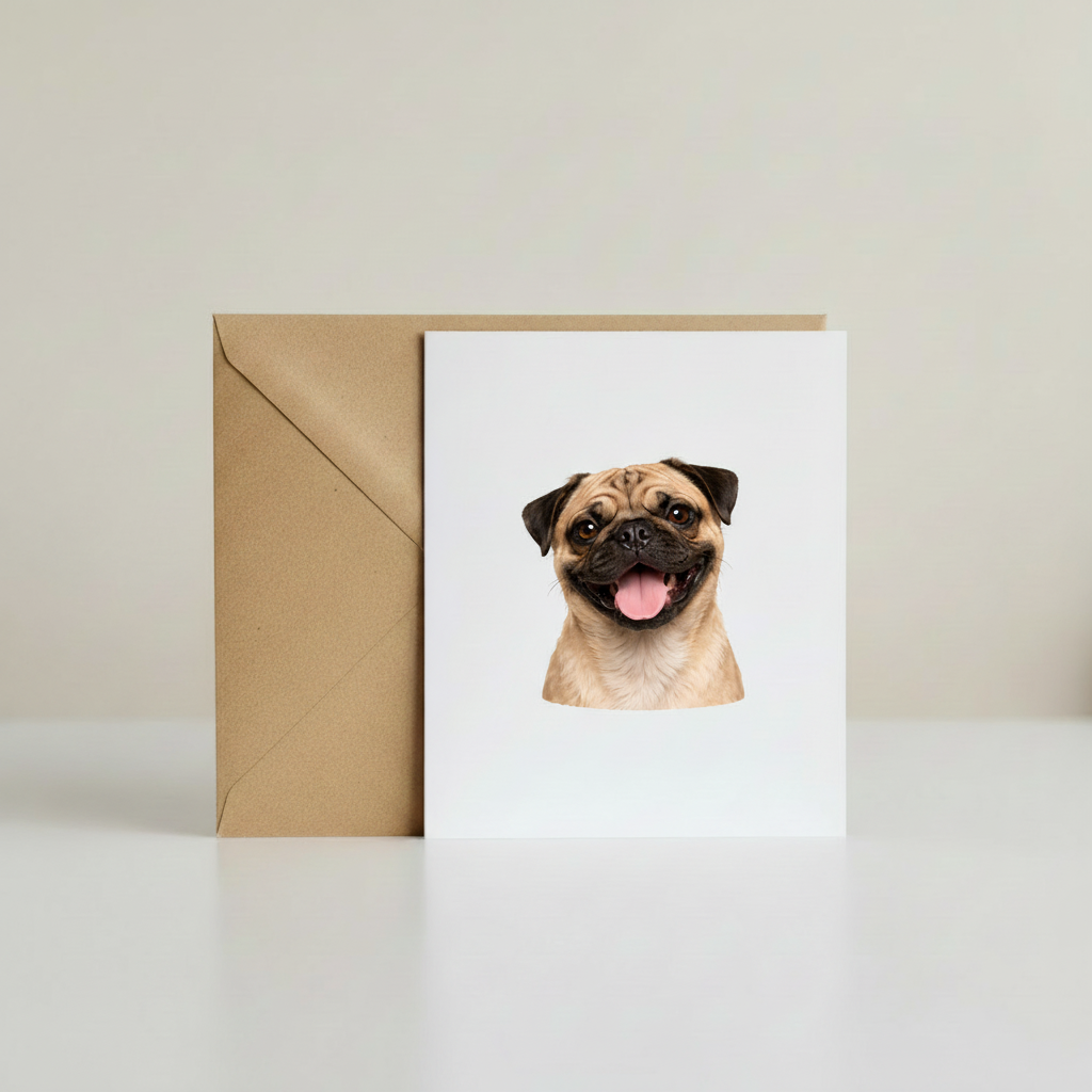 Pug Greeting Card with kraft envelope mockup