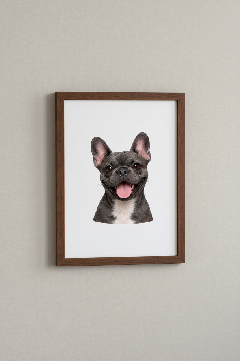 Grey French Bulldog A4 Print in dark wooden frame