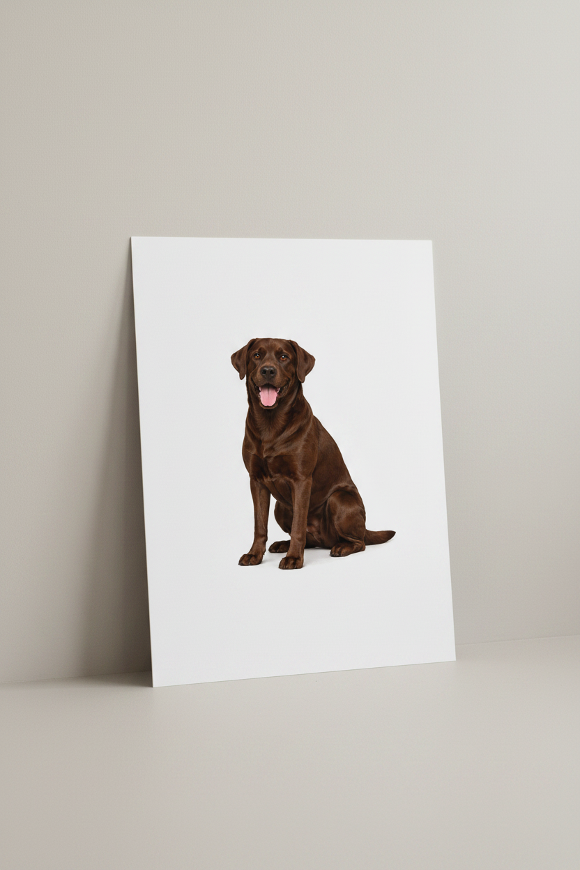 Chocolate Labrador Sitting A4 Print leaning against wall