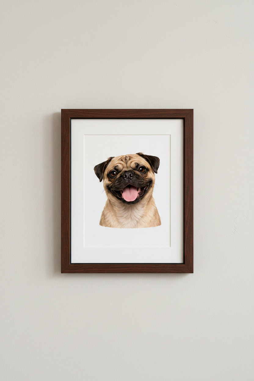 Pug A4 Print in dark wooden frame