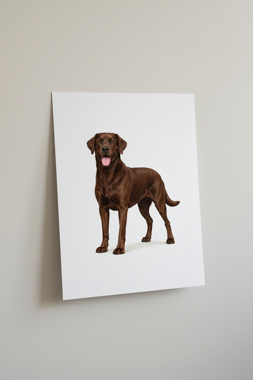 Chocolate Labrador Standing A4 Print leaning against wall