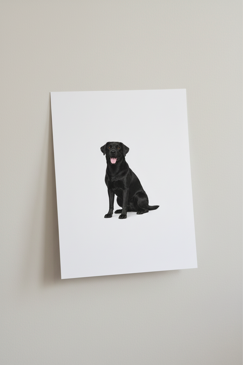 Black Labrador Sitting A4 Print leaning against wall