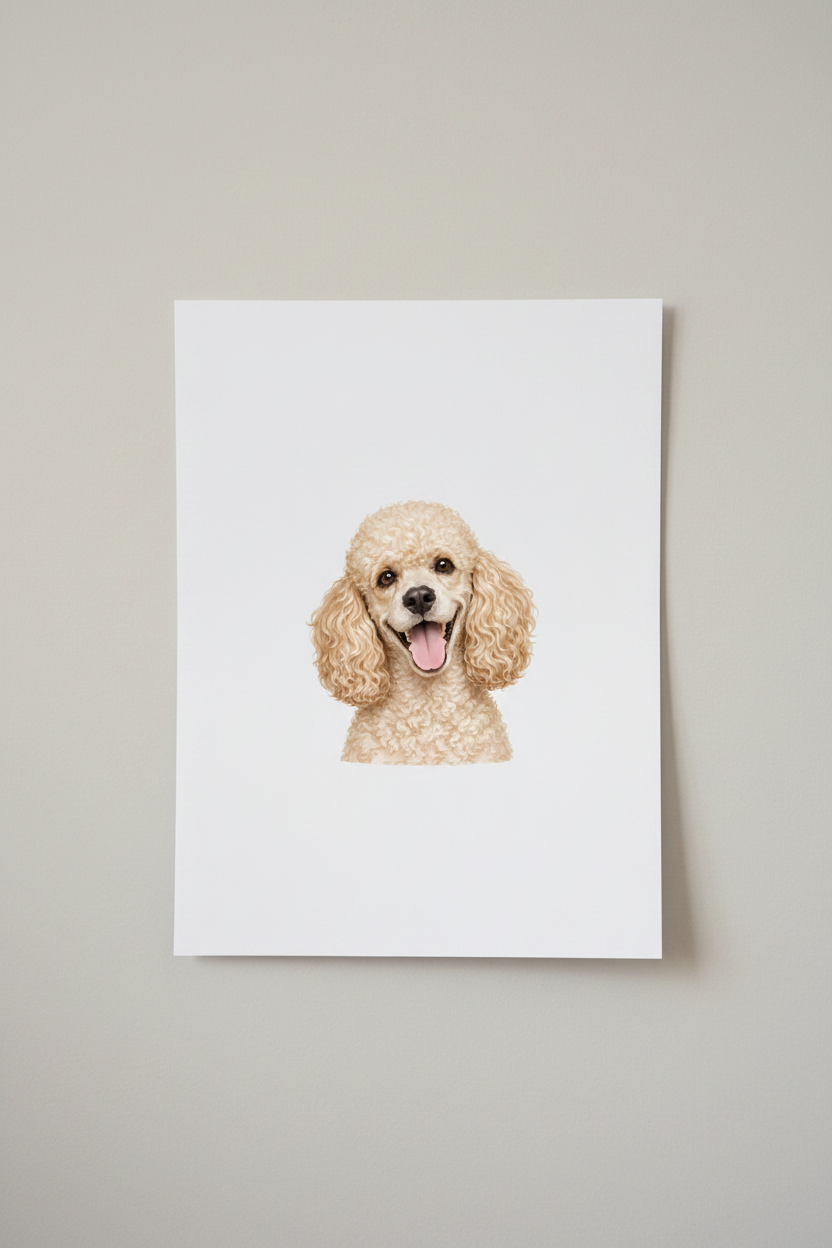 Cream Poodle A4 Print leaning against wall