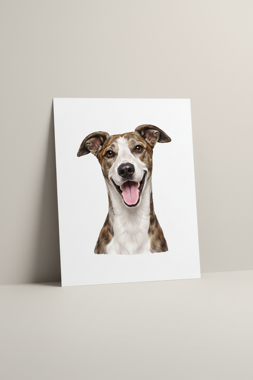 Brindle Greyhound A4 Print leaning against wall